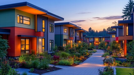 Obraz premium A harmonious row of modern houses, each uniquely colored, framed by vibrant gardens and softly glowing path lights as dusk settles in. 