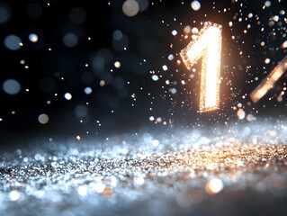 Glowing number one sparkles on glittery surface.  Abstract celebratory design with bokeh effect and scattered particles, ideal for achievement or victory themes