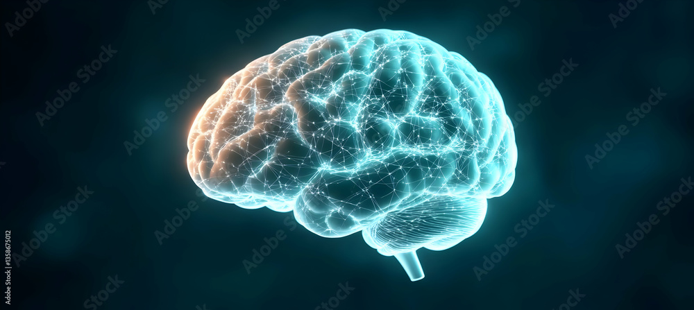 Poster glowing, translucent 3d model of a human brain, showcasing intricate neural pathways and structures.