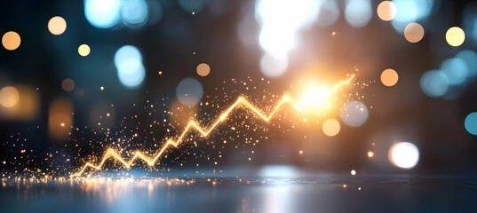 Glowing upward trend line sparkles against a blurred backdrop of lights, symbolizing growth and success.  The image evokes a sense of dynamism and positive momentum