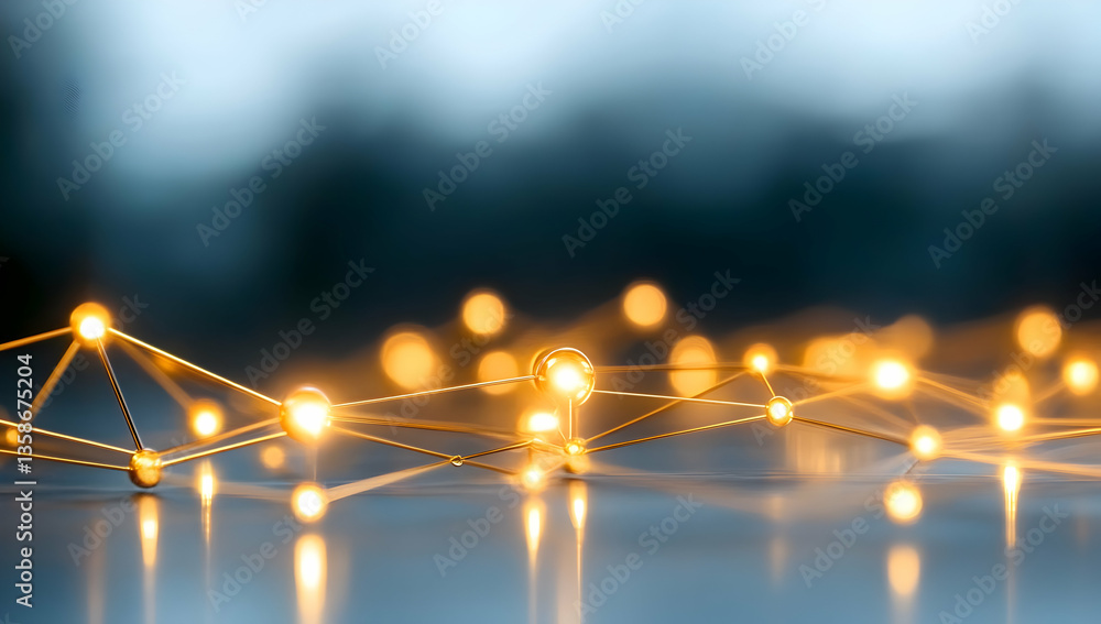 Poster golden interconnected nodes forming a network, glowing brightly against a dark, blurred background. 