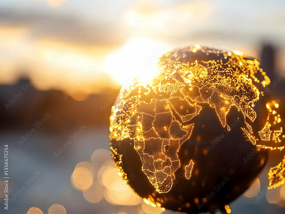 Poster golden hour illuminates a globe, showcasing interconnected continents and city lights. the sun's ray