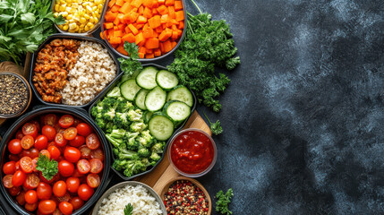 Fresh ingredients arranged meal prep containers, showcasing vibrant colors and healthy options