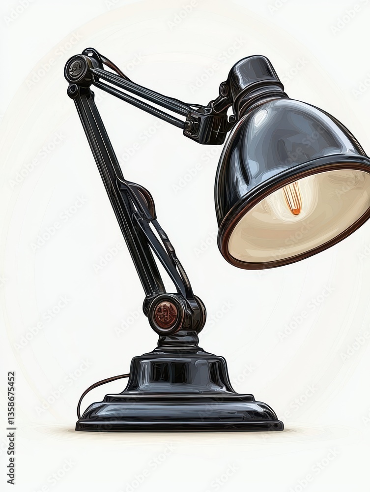 Poster black desk lamp with adjustable arm and warm light bulb on soft background highlighting modern desig