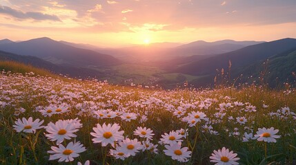 Fototapeta premium A beautiful field of daisies overlooking mountain ranges at sunset