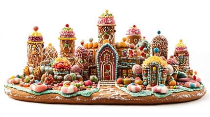 A meticulously designed gingerbread house with edible architecture, decorated with gumdrops and piped frosting, isolated on a bright white background.  