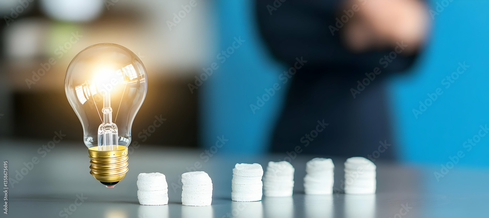 Poster illuminated lightbulb hovers above a row of small, neatly stacked white objects, suggesting progress