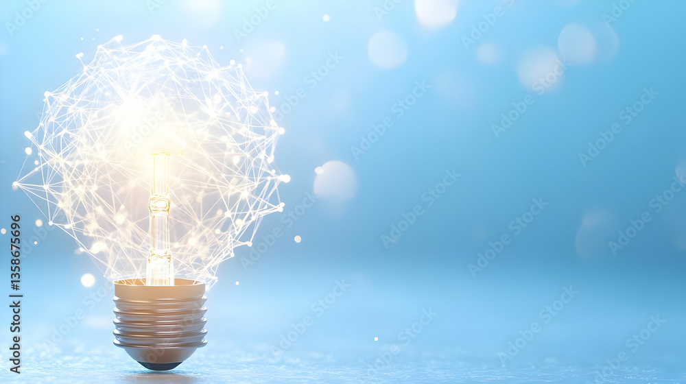 Poster illuminated lightbulb with intricate network design, glowing brightly against a soft blue bokeh back
