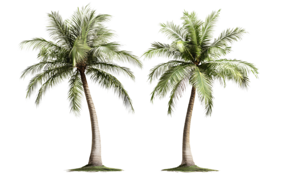 Two isolated, realistic palm trees on a transparent background