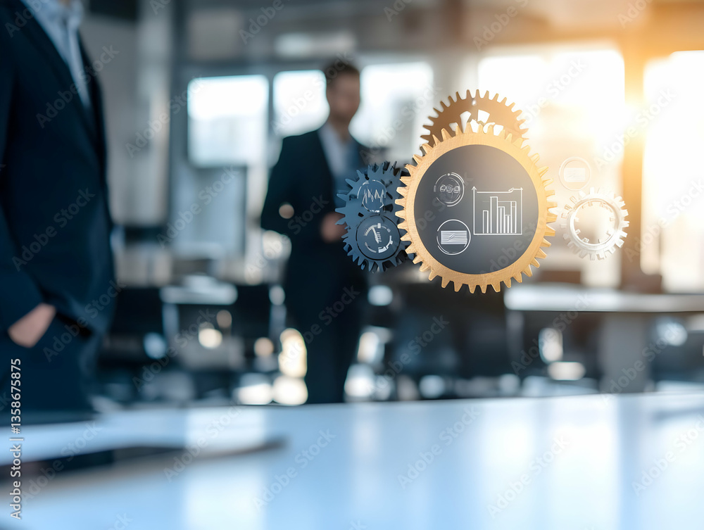 Poster interlocking gears representing business processes and data analysis, superimposed on a blurred imag