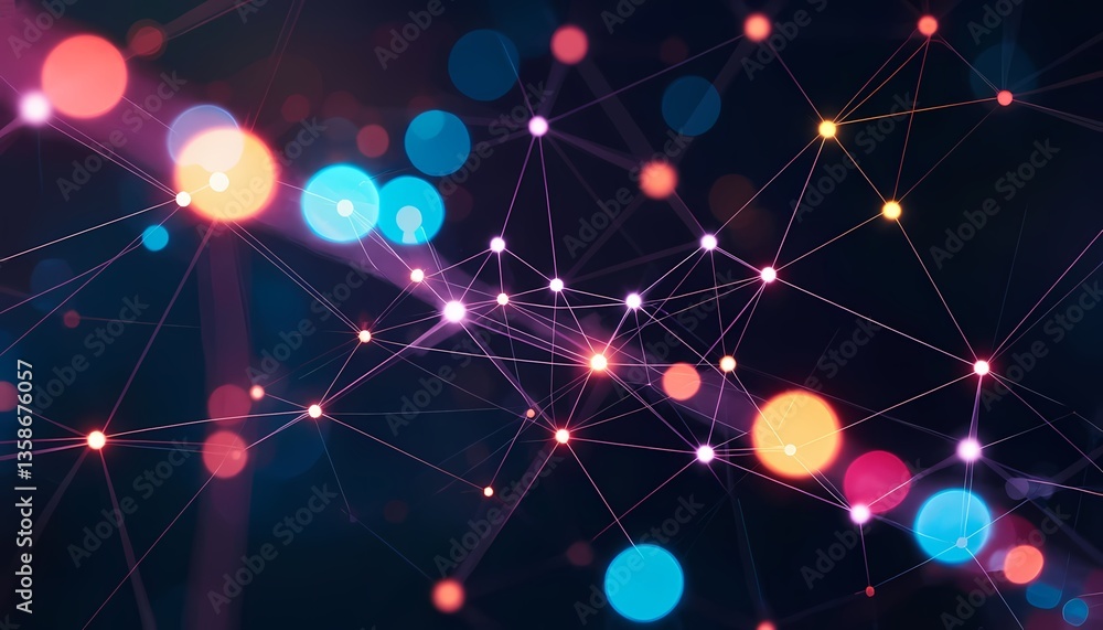 Poster abstract digital network with colorful glowing nodes on dark background