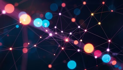 Fototapeta premium Abstract digital network with colorful glowing nodes on dark background 
