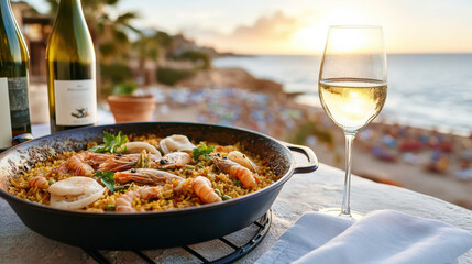 beautiful beachside dinner featuring delicious seafood paella and chilled white wine