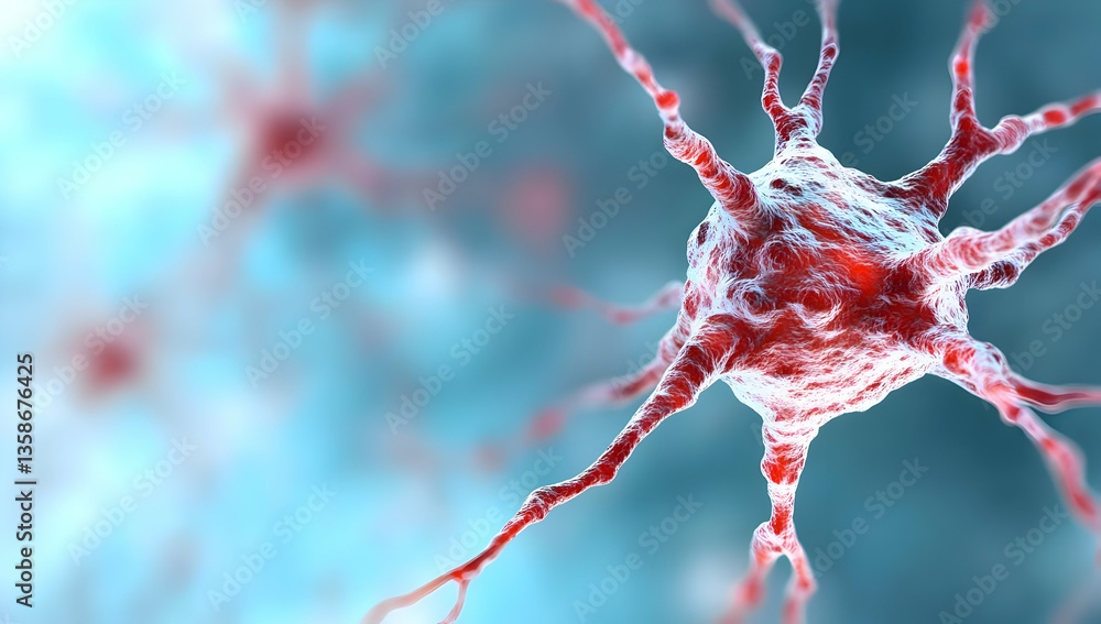 Poster microscopic view of intricate neural cells, showcasing their complex branching structures and interc