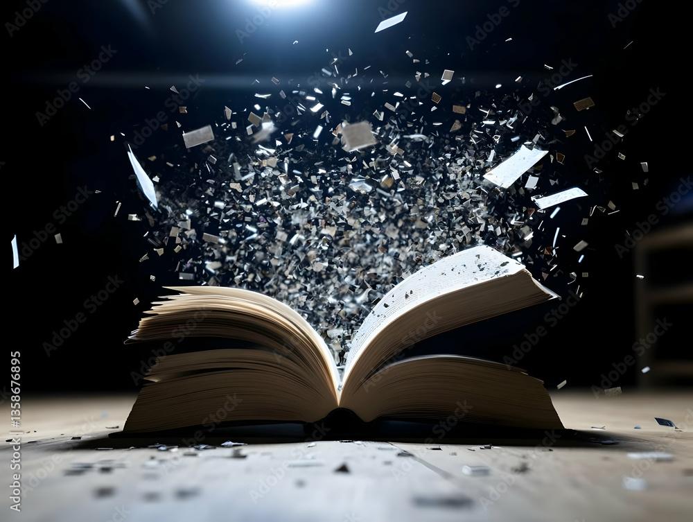 Poster open book with particles exploding from its pages, illuminating the scene in a dark setting. a magic