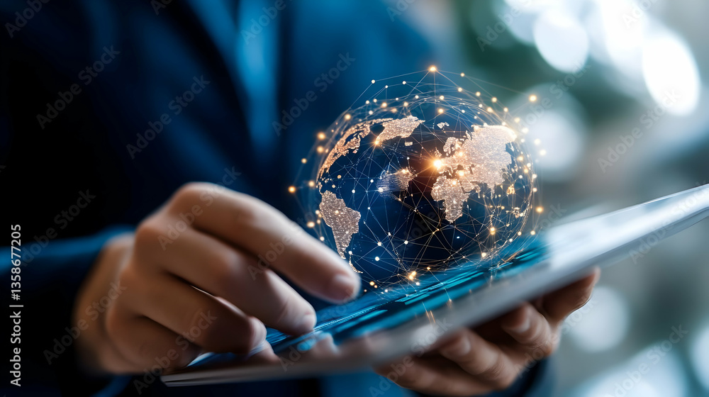 Poster person interacts with a digital globe on a tablet, showcasing global interconnectedness and digital 
