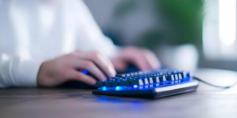 Fototapeta premium Person typing on a glowing keyboard at a desk