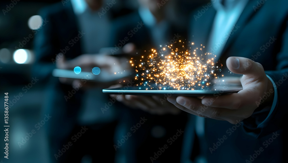 Poster professionals using tablets display a glowing, particle-like digital connection, symbolizing collabo