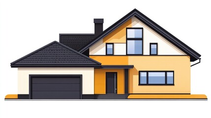 A modern, simple suburban house with a two-tone exterior and a garage, clean lines emphasizing its minimalist appeal, presented on a white background.  