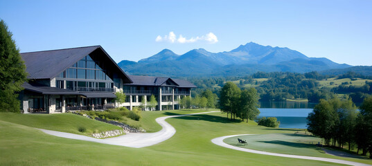 Resort nestled by a lake, with mountains in the background. Lush green golf course surrounds modern buildings