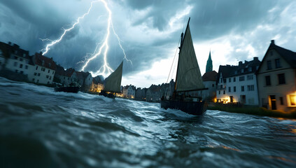 Sailboats navigate a turbulent waterway during a dramatic thunderstorm, with a medieval-style town illuminated in the background. The scene evokes a sense of adventure and peril
