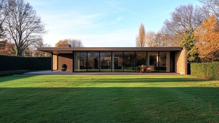 Obraz premium A modern, understated home with a sleek design, wide open windows, and a perfectly mowed green lawn, ideal for showcasing minimalist aesthetics. 