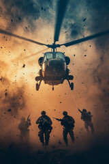 A military helicopter landing, military personnel ready to jump out of the helicopter with their weapons ready at late sunset.