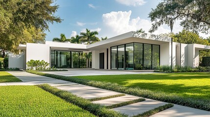 A modern white minimalist house with simple landscaping, lush green grass in the foreground enhancing the home's clean and open design. 