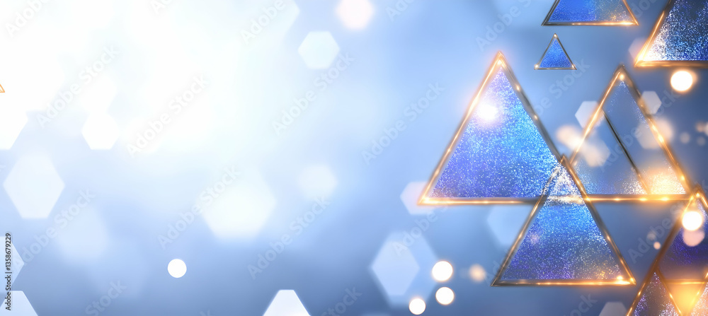 Poster sparkling blue triangles with gold edges on a bokeh background. elegant and abstract design