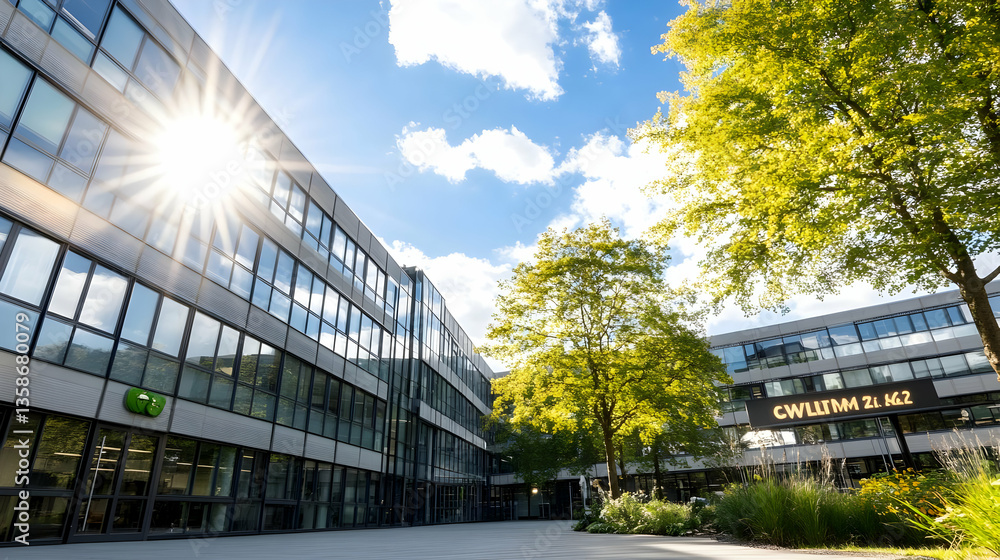 Poster sunlit modern building complex with lush green trees, showcasing a courtyard setting on a bright day
