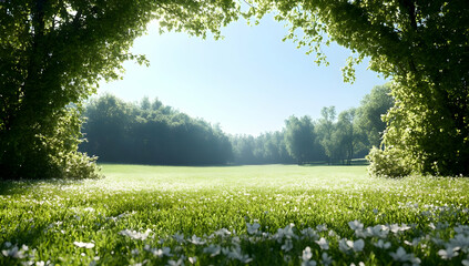 Sunny meadow framed by trees