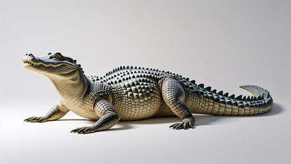 American alligator resting on white background in studio setting