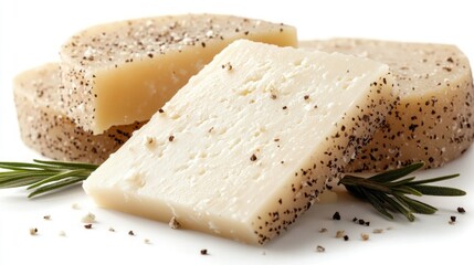 Close-up of sliced pepper-dusted cheese with rosemary, isolated on white