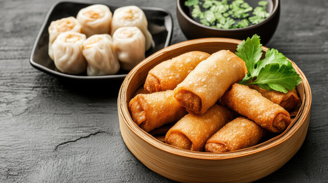 Crispy spring rolls served with dumplings and dipping sauce create delightful feast