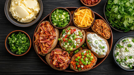 Loaded baked potato bar with various toppings like bacon, cheese, and green onions