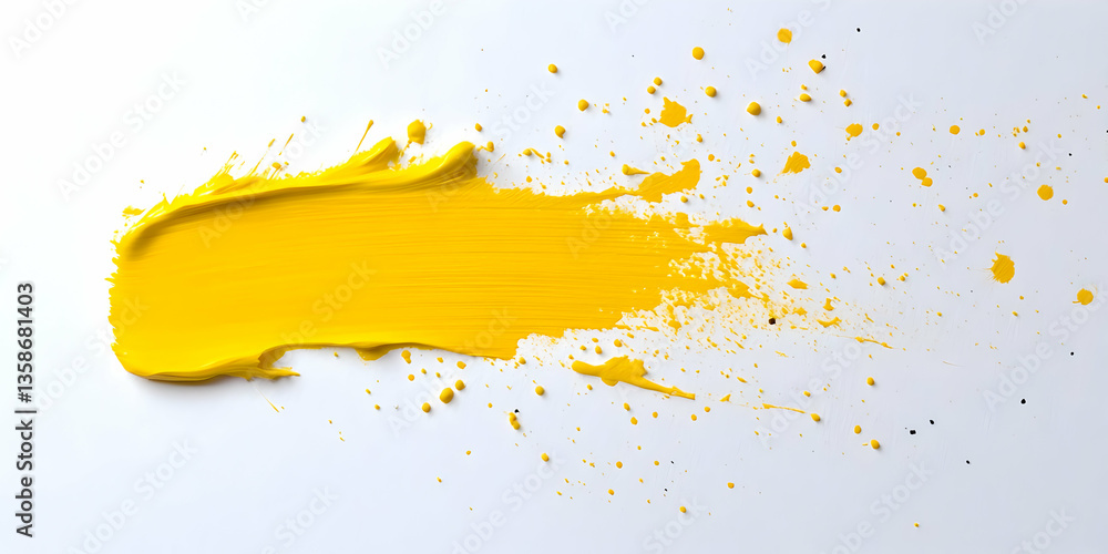 Poster vibrant yellow paint stroke on white background, showcasing texture and splatter. bold color and dyn