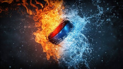 Ice hockey puck exploding by elements fire and water. Background for sports tournament poster or placard. Vertical design with copy space.