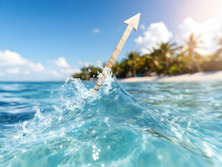 Wooden arrow pointing upward emerges from ocean wave, tropical beach in background.  Symbol of progress, growth, and success amidst challenges