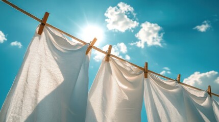Clean white linen drying on a clothesline against blue sky with clothespins. For promoting eco-friendly living, laundry or summer lifestyle concepts.