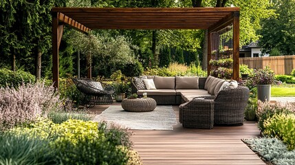 Obraz premium A trendy outdoor patio with a modern pergola, polished surfaces, and cozy decor, set in a beautifully landscaped garden, perfect for stock imagery. 