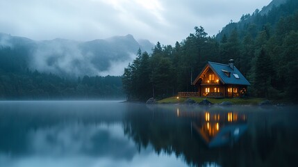 Fototapeta premium A warmly illuminated wooden house nestled in the forest, its lights reflecting on a calm lake, surrounded by foggy mountains in the background under a soft dusk sky. 