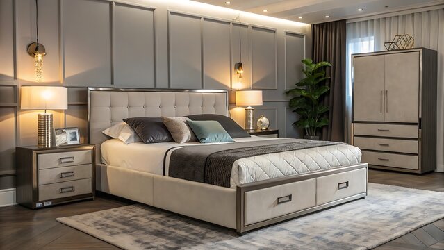 Elegant smart bedroom with adjustable under bed lighting, automated air quality monitor, and sleek metallic accents on furniture.
