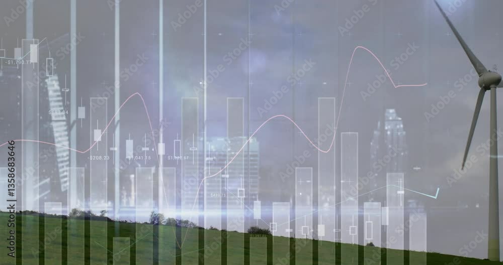 Poster animation of wind turbine with cityscape and financial data charts in background