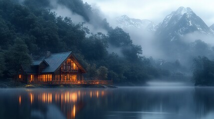 Fototapeta premium A wooden house lit warmly at dusk, its reflection shimmering on a still lake, surrounded by foggy mountain peaks and dense forest. 