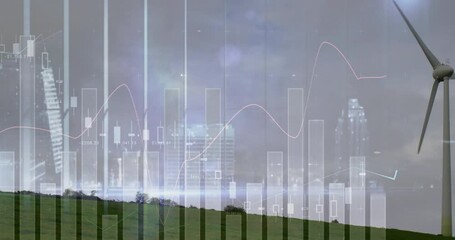 Animation of wind turbine with cityscape and financial data charts in background - Powered by Adobe