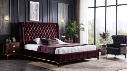 Fototapeta premium A beautifully crafted Airjet double bed with a tufted velvet headboard and hidden diamond storage compartments.