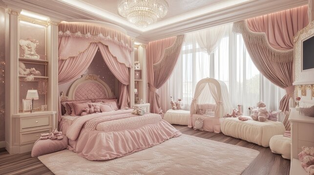 A beautiful and spacious children's room with a luxurious pink princess bed and soft, textured bedding.