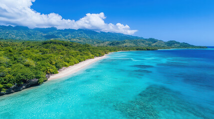 Fototapeta premium stunning tropical beach with clear turquoise water and lush green hills in background