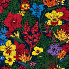 A vibrant and detailed illustration of tropical flowers and foliage