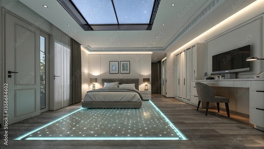 Poster smart futuristic bedroom with digital led lighting and a retractable display screen built into the c
